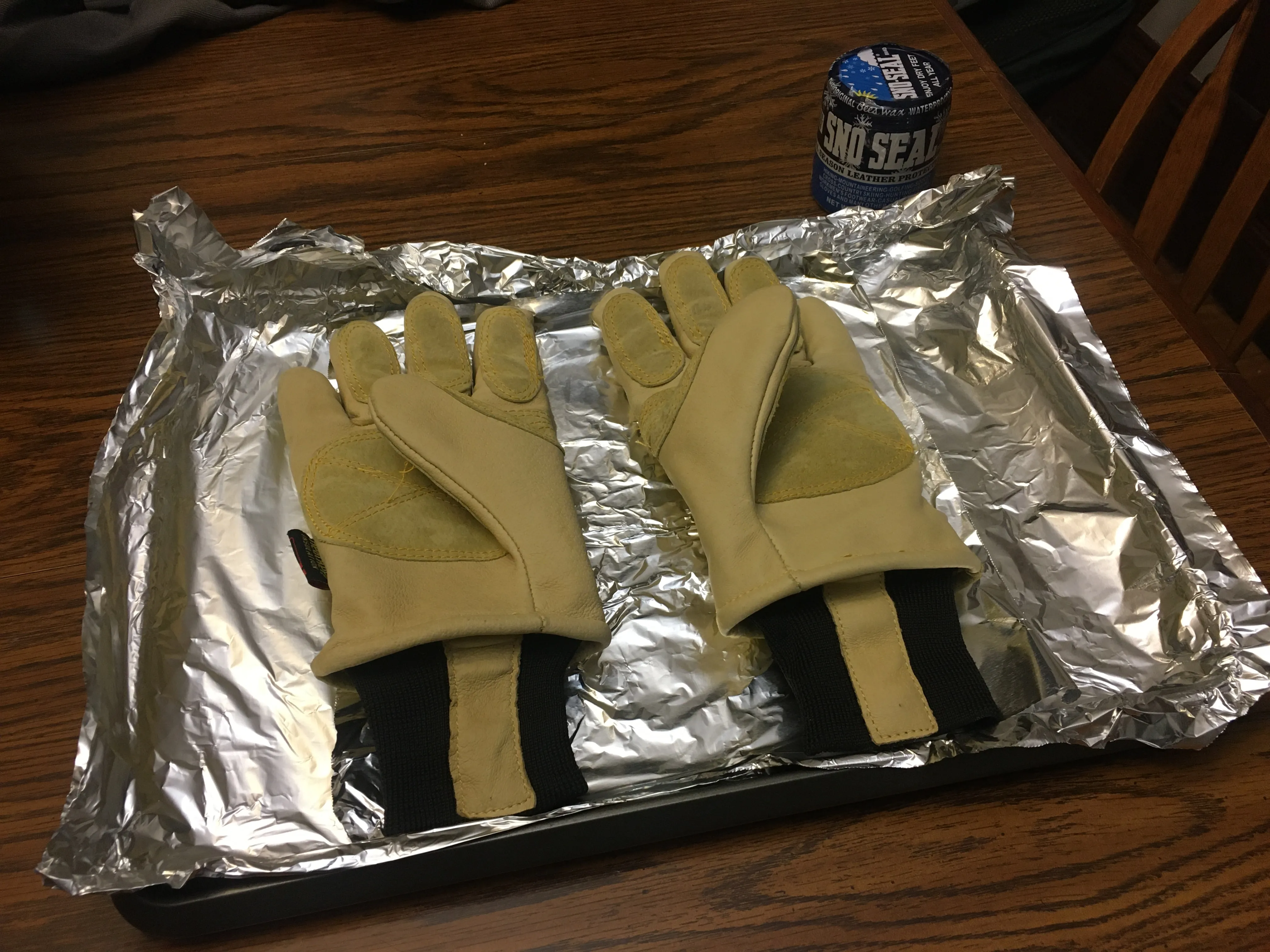 Kinco gloves on baking sheet